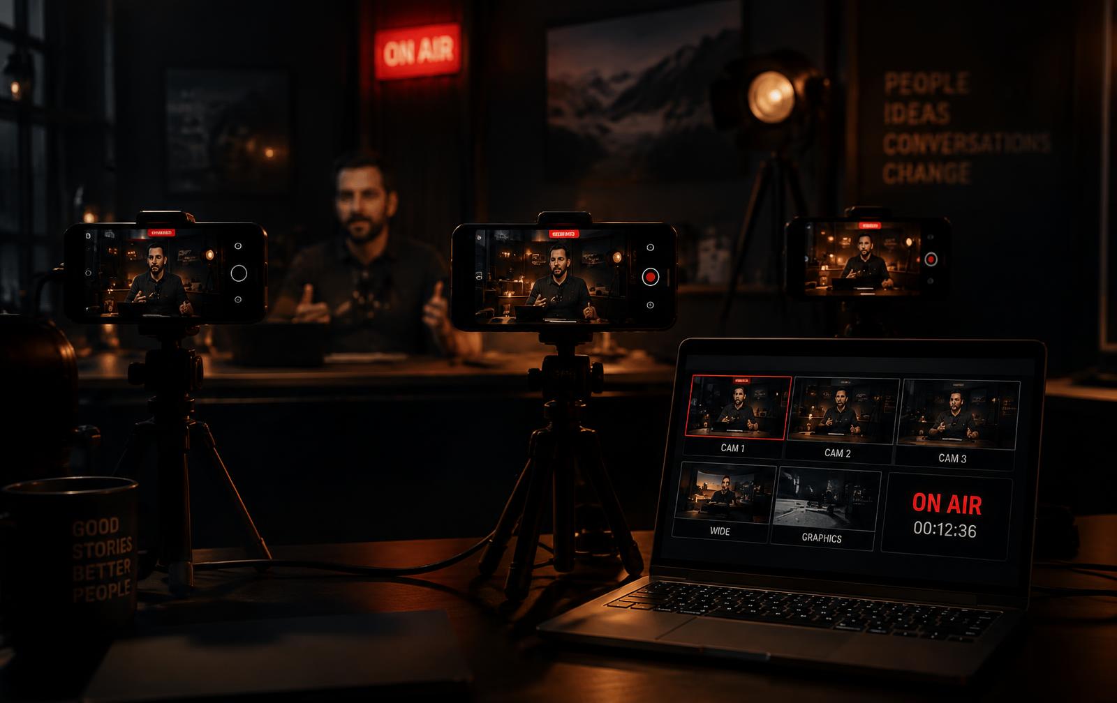 Three phones on tripods filming a host, with a laptop showing the camera switcher